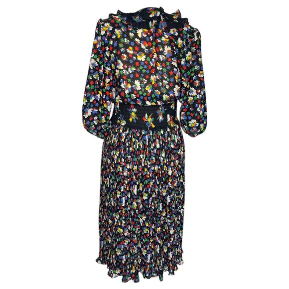 VTG Assorti Susan Freis Dress XS Black V-Neck Ruffle Floral Midi Smocked Blouson - Picture 2 of 12